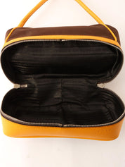 帆布皮革组合标志压纹口金手提包 棕色/黄色