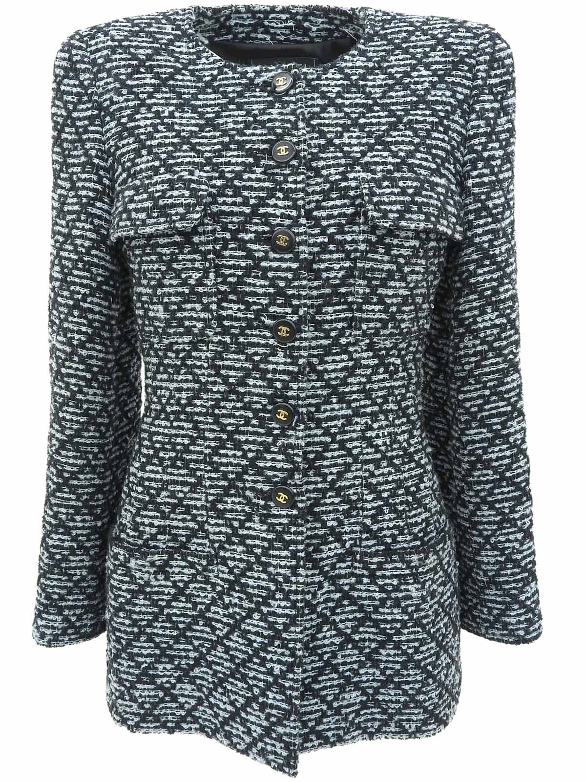 1995年製 ツイードCCマークボタンジャケット ブラック/アイスブルー