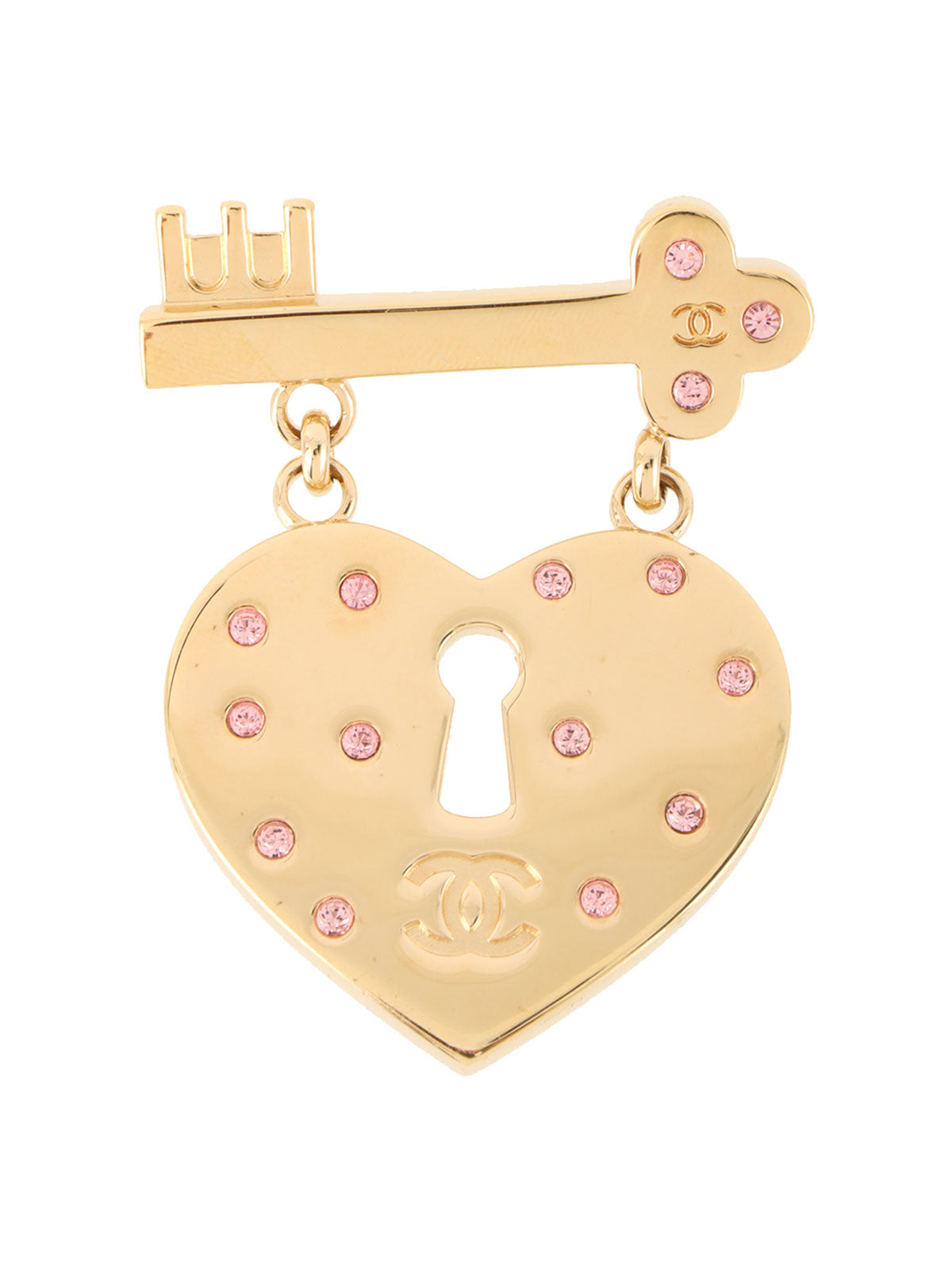 2002 Rhinestone CC Mark Heart Lock Key Brooch Gold/Pink