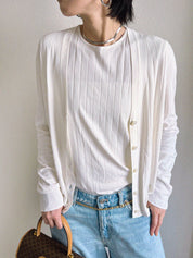 Stripe Pattern Logo Button Ensemble in White