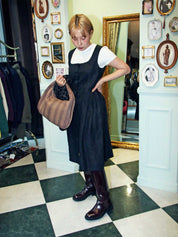 リネンレザーコンビノースリーブワンピース ブラック