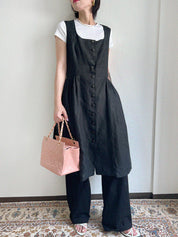 リネンレザーコンビノースリーブワンピース ブラック