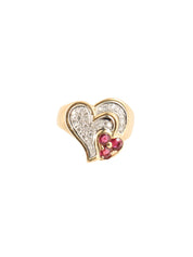 18K Gold/Red Ruby and Diamond Heart Motif Ring