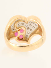 18K Gold/Red Ruby and Diamond Heart Motif Ring