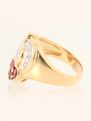 18K Gold/Red Ruby and Diamond Heart Motif Ring