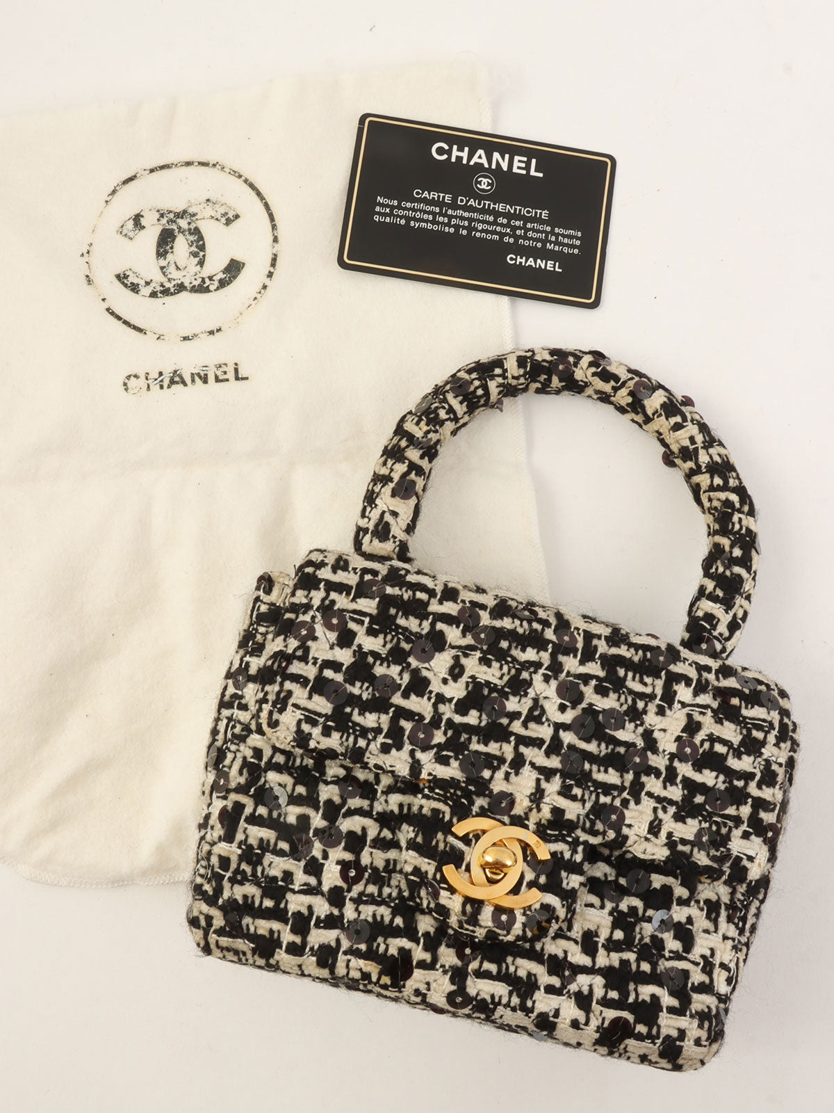 1992年頃製 ツイードスパンコールCCターンロックハンドバッグミニ ブラック/ホワイト