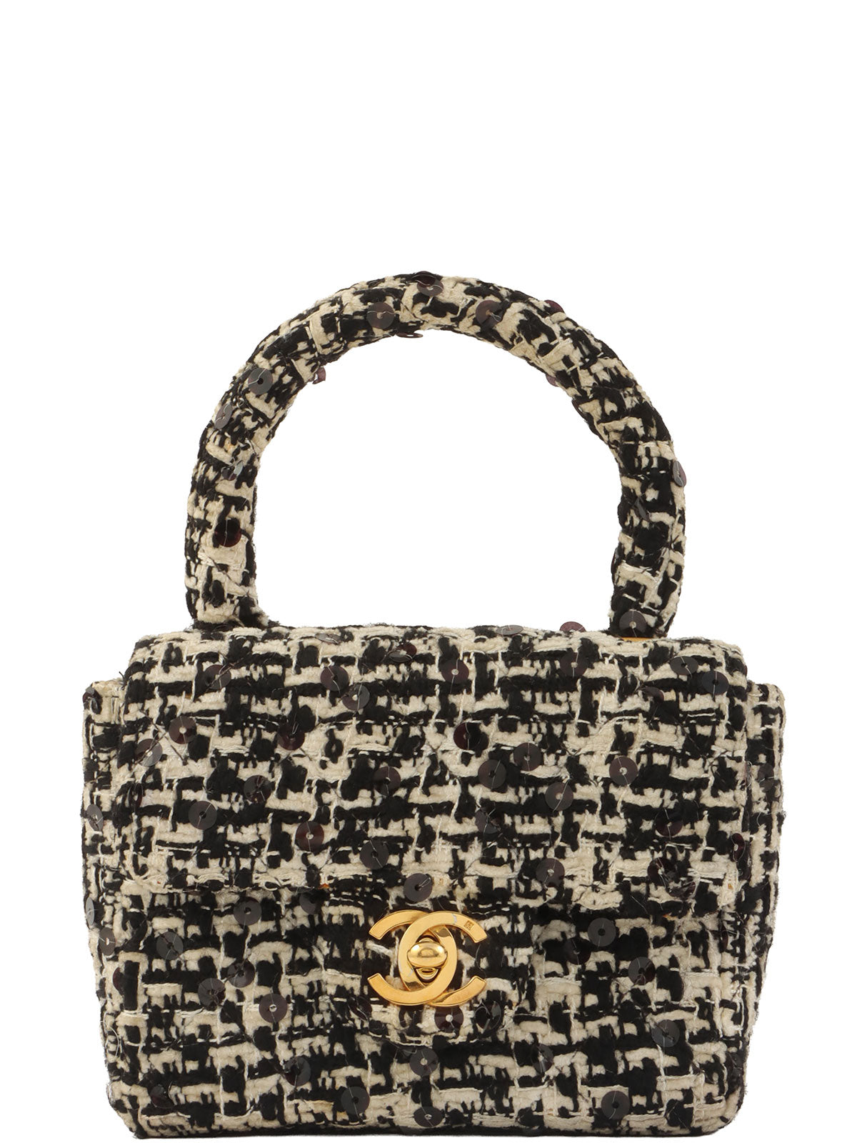 1992年頃製 ツイードスパンコールCCターンロックハンドバッグミニ ブラック/ホワイト