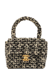 1992年頃製 ツイードスパンコールCCターンロックハンドバッグミニ ブラック/ホワイト