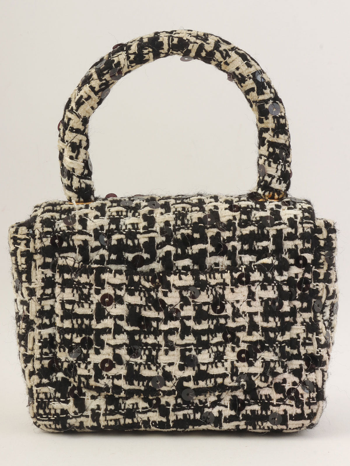 1992年頃製 ツイードスパンコールCCターンロックハンドバッグミニ ブラック/ホワイト