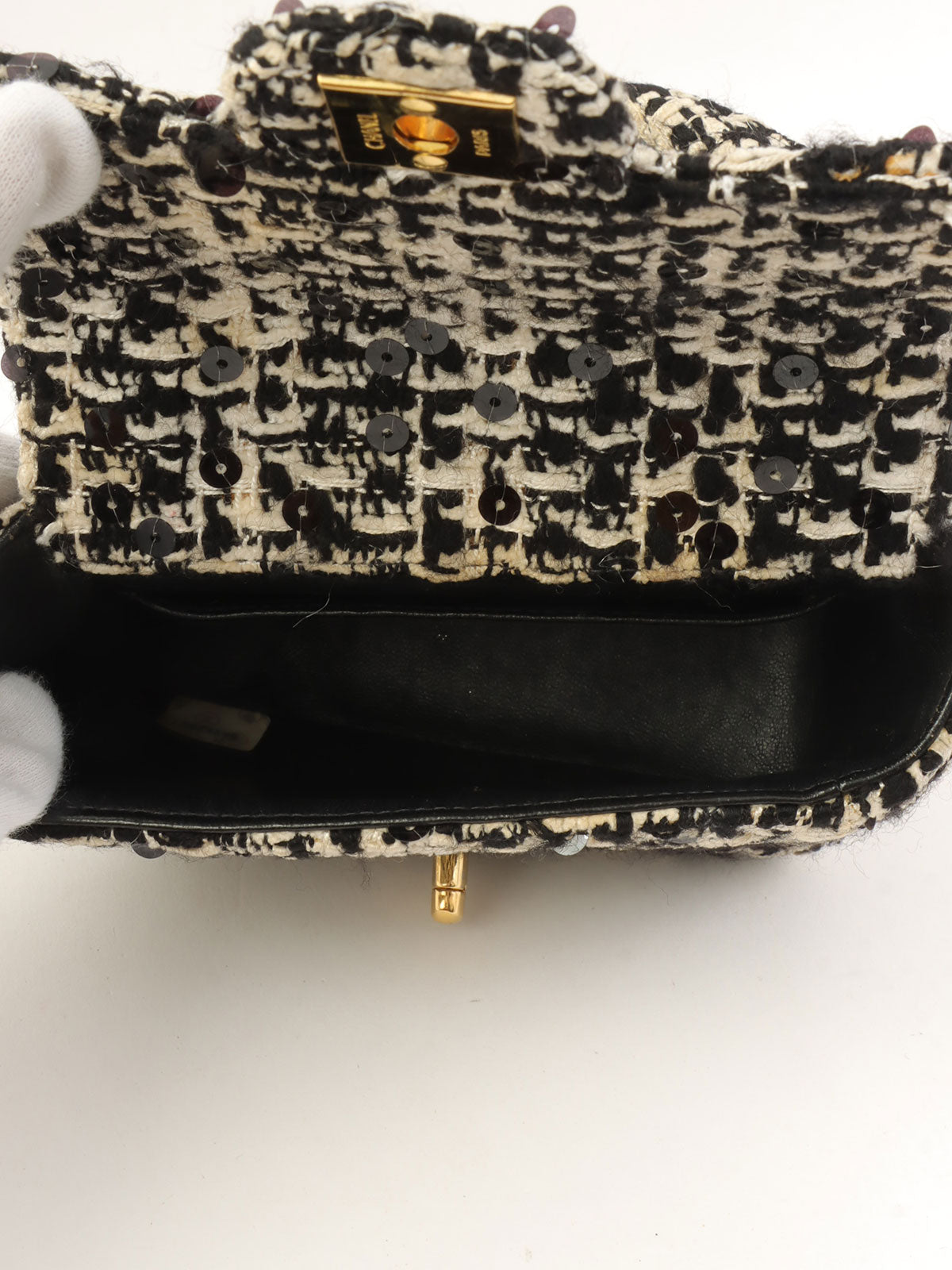 1992年頃製 ツイードスパンコールCCターンロックハンドバッグミニ ブラック/ホワイト