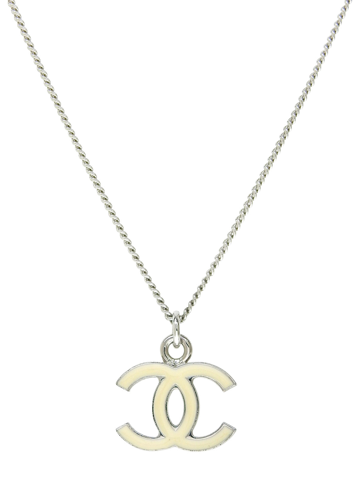 2005 CC Mark Plate Necklace Silver/Ivory