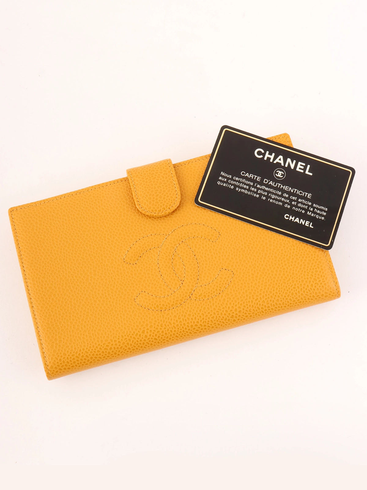 2000年頃製 キャビアスキンCCマークステッチロングウォレット マスタード