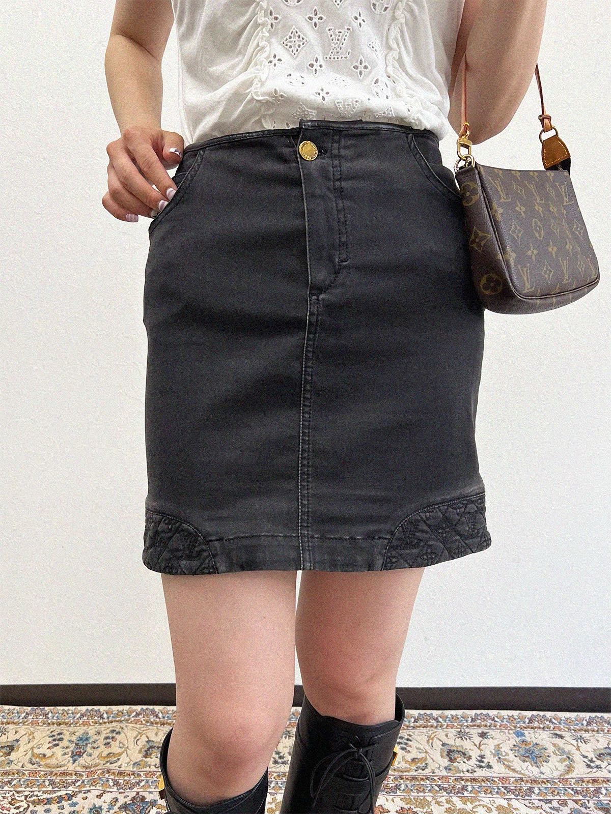 Monogram Stitch Denim Skirt in Black
