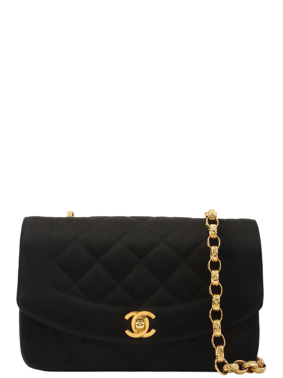 1990年頃製 サテンダイアナフラップビジューチェーンショルダーバッグ20cm ブラック