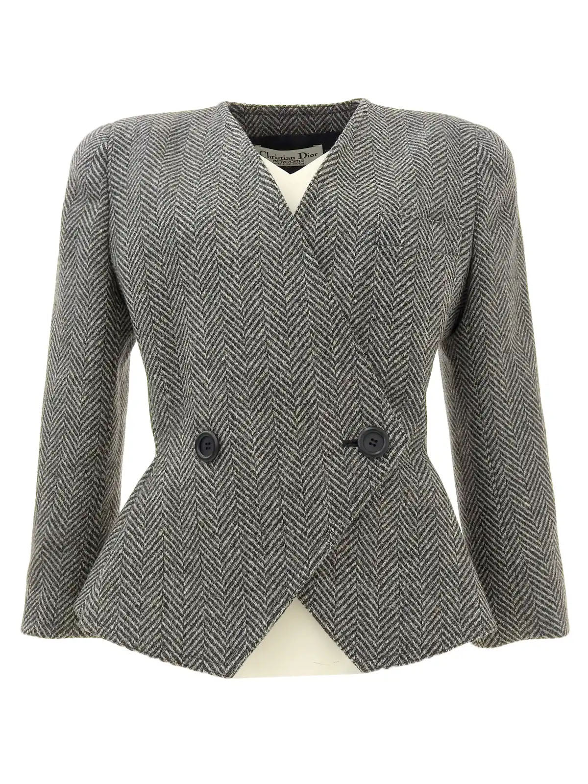 Herringbone pattern collarless jacket in gray