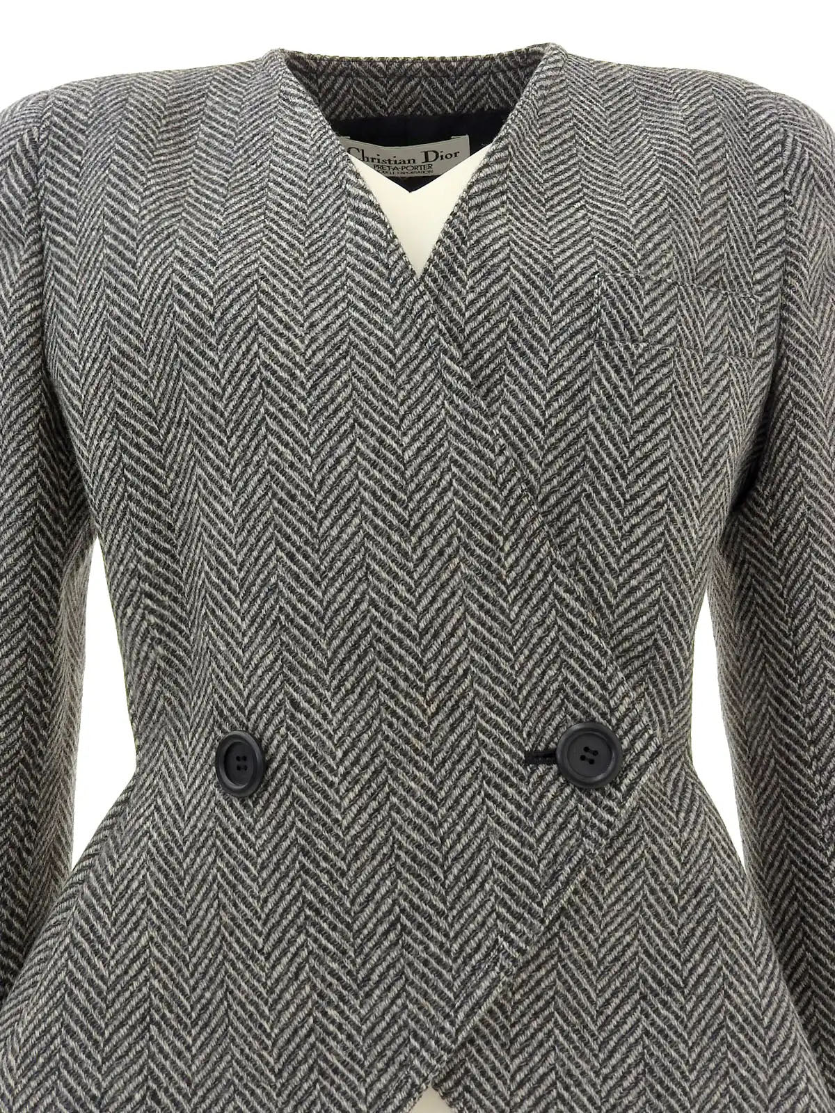 Herringbone pattern collarless jacket in gray