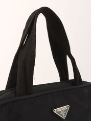 Nylon logo plate handbag in black