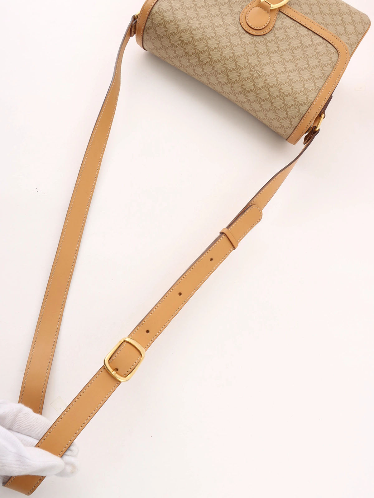 Macadam Pattern Logo Plate Shoulder Bag, Beige