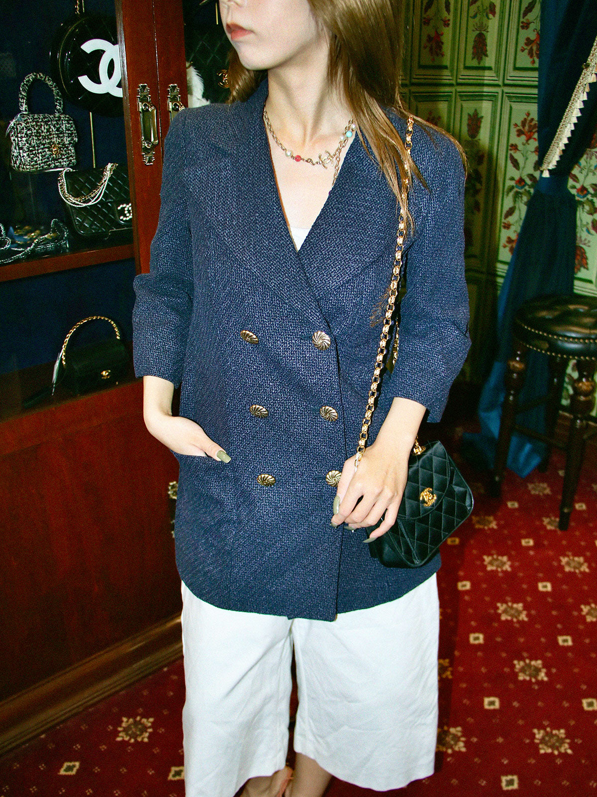 ツイードCCマークステッチジャケット ネイビー