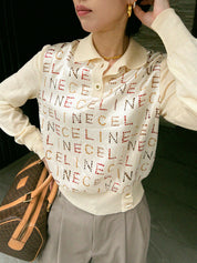 Wool and silk combination logo pattern long sleeve top in cream