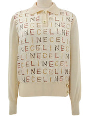 Wool and silk combination logo pattern long sleeve top in cream