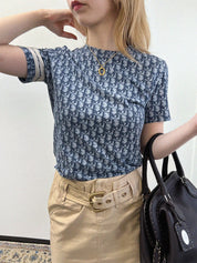 Trotter Pattern Half Sleeve Top in Navy/White