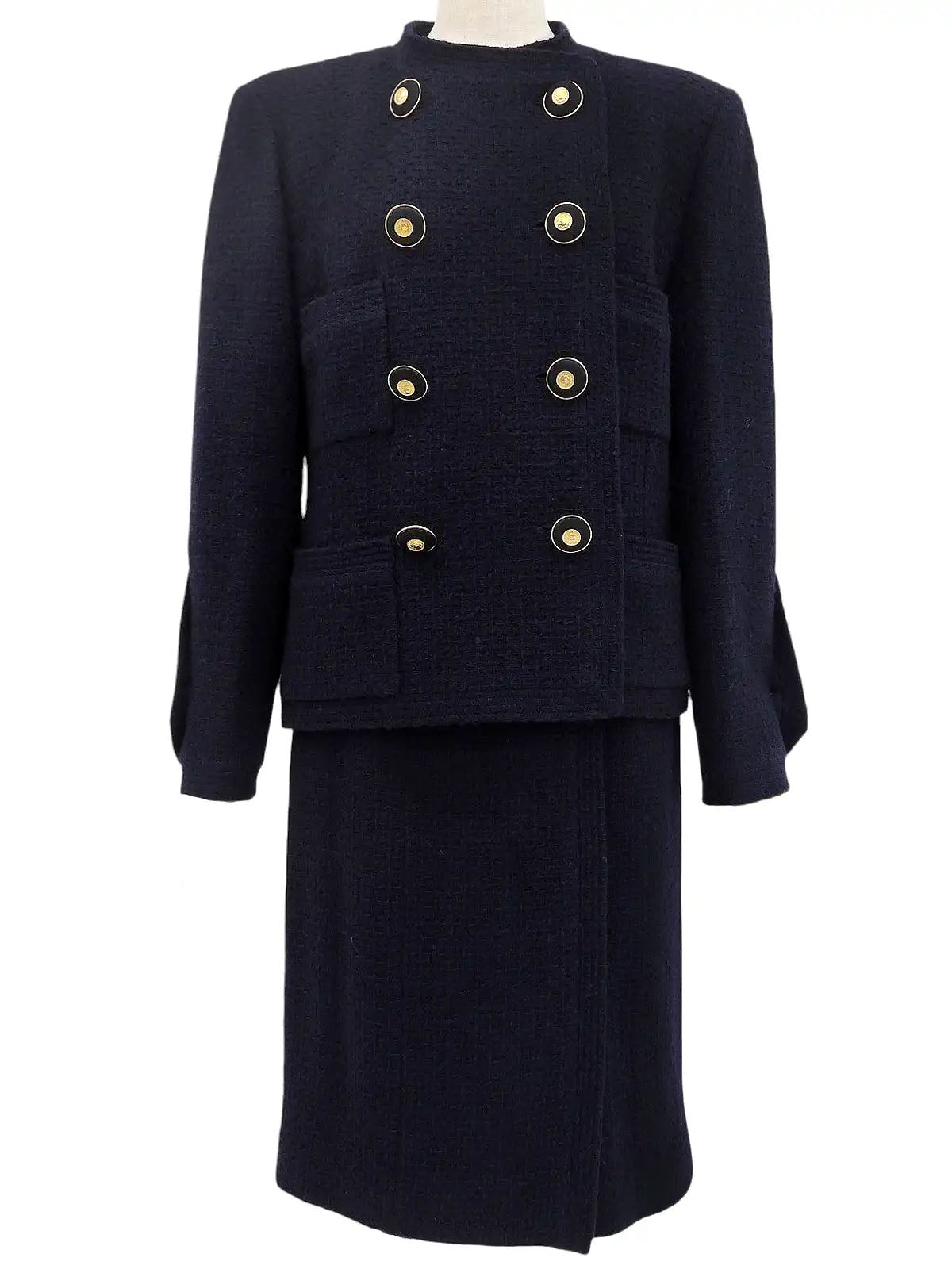 2001 wool collarless button-down set, navy