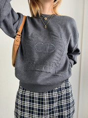 ロゴ刺繍長袖ニットトップス グレー