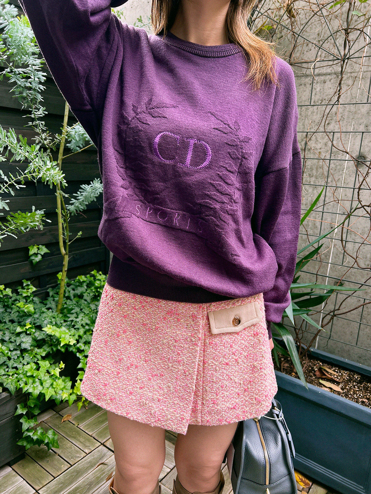 ロゴ刺繍長袖ニットトップス パープル