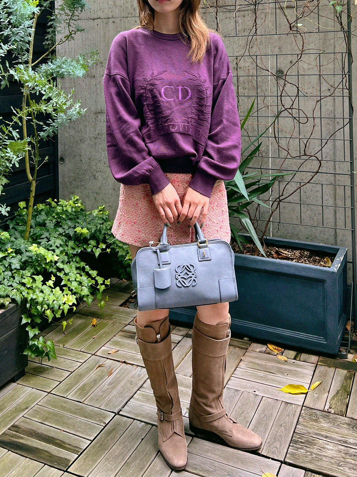 ロゴ刺繍ロングスリーブニットトップス　パープル