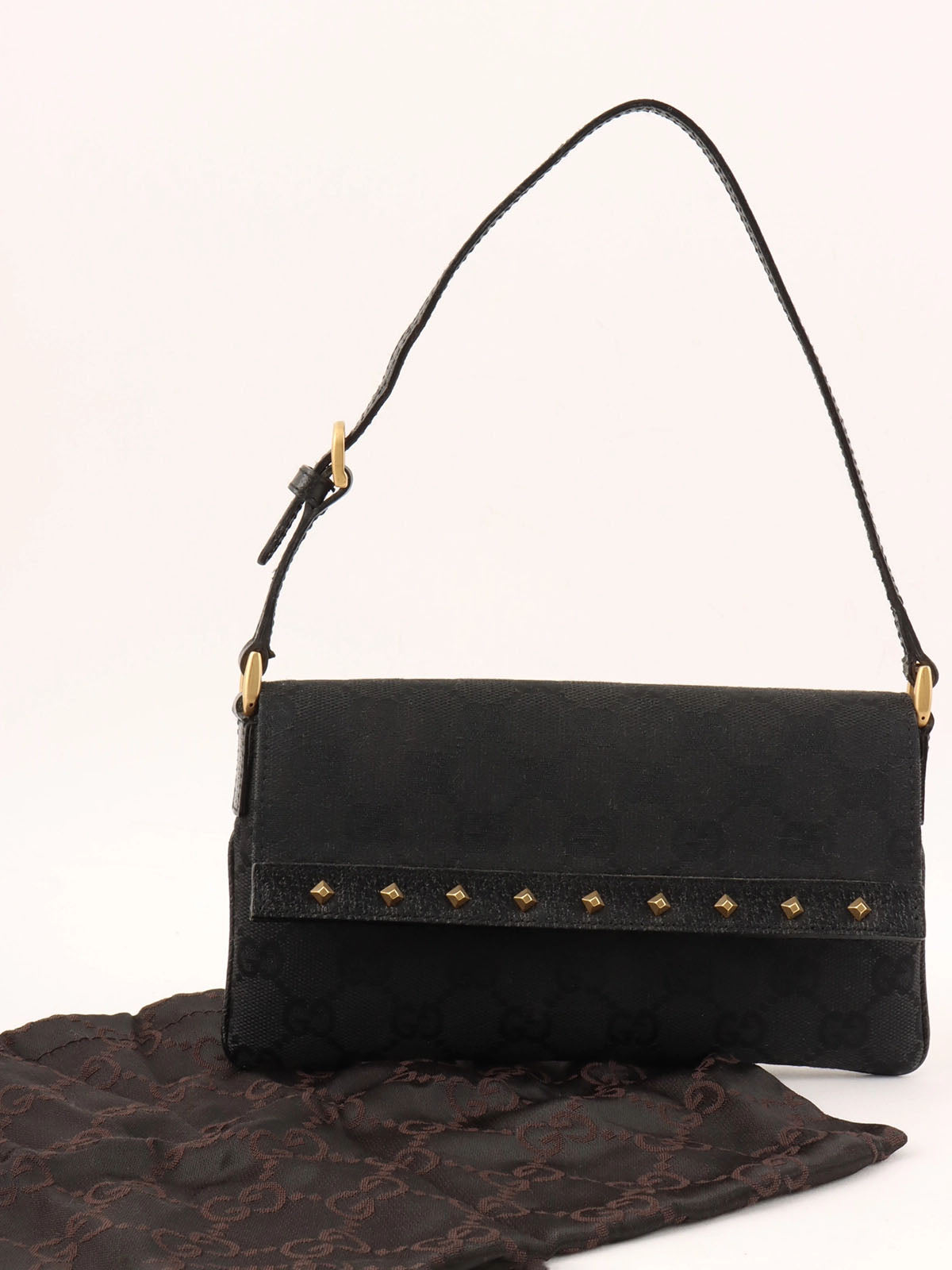 Canvas GG Pattern Studded Handbag in Black