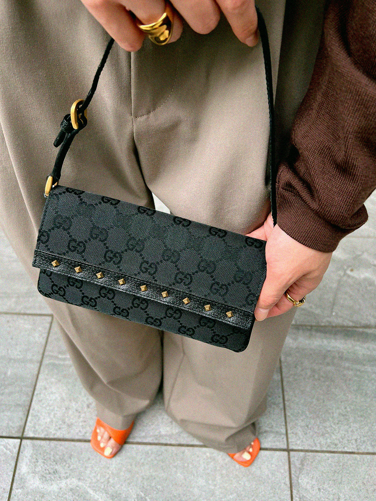 Canvas GG Pattern Studded Handbag in Black