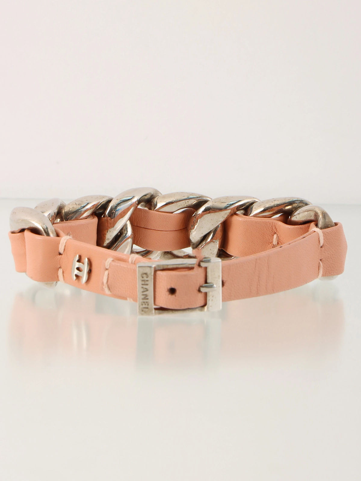 2002年製 チェーンレザーCCマークプレートブレスレット ピンク/シルバー