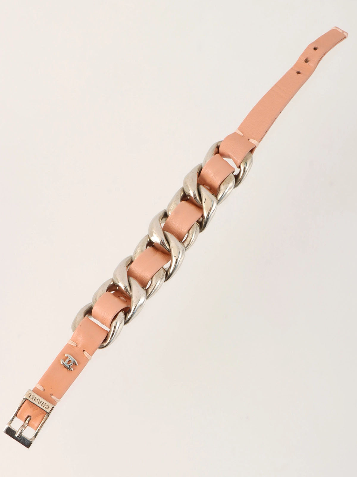 2002年製　チェーンレザーCCマークプレートブレスレット　ピンク／シルバー