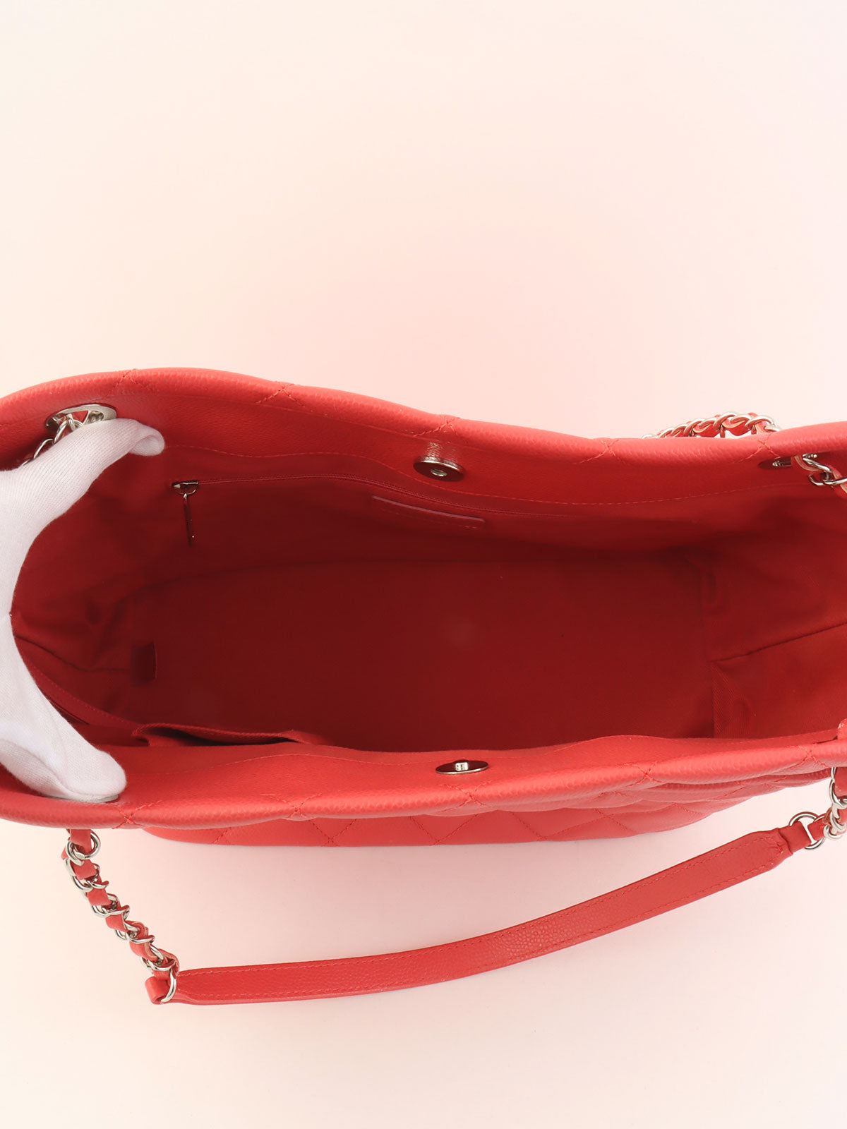 2014 Caviar Skin CC Mark Stitch Chain Tote Bag, Salmon Pink