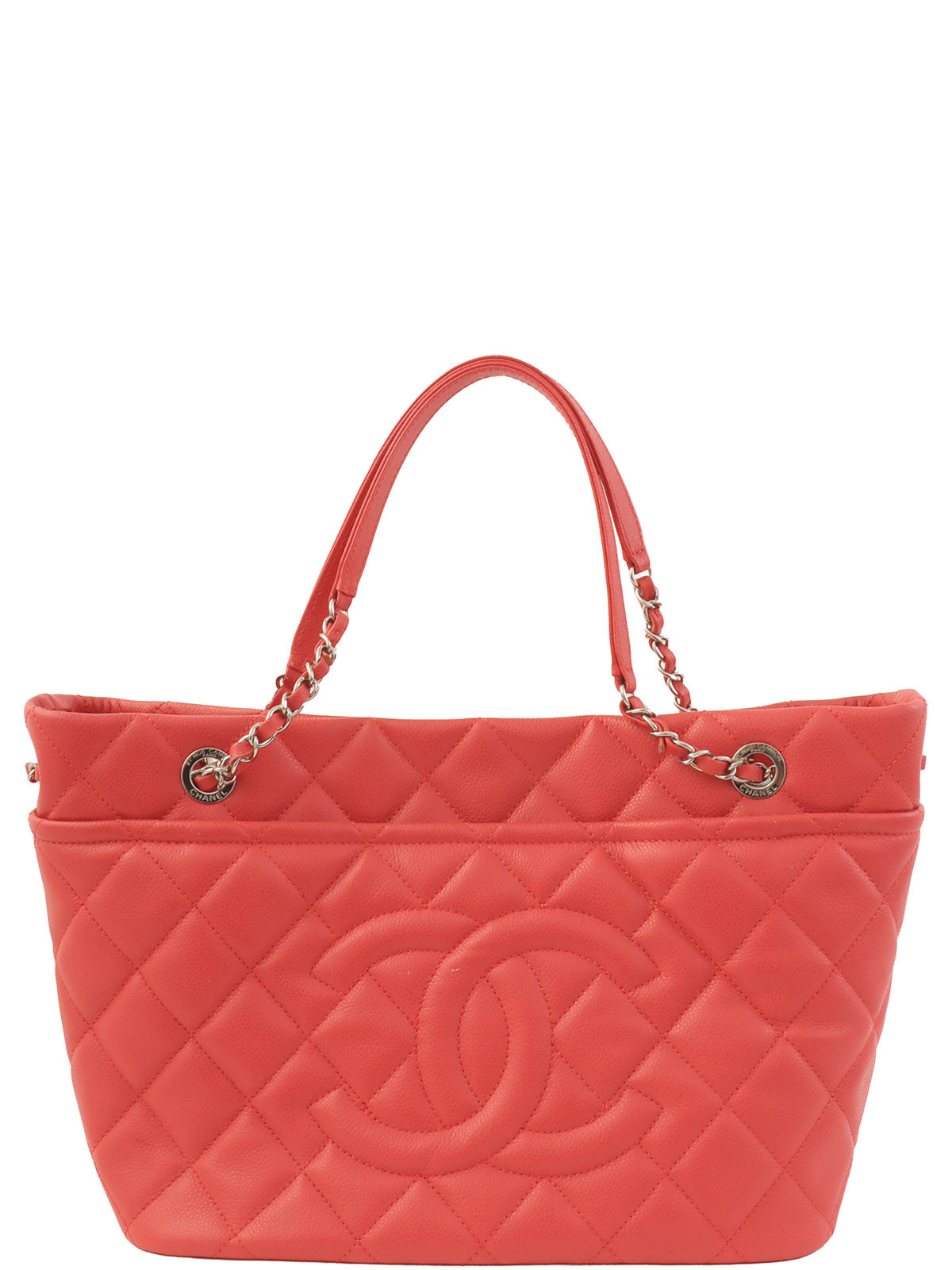 2014 Caviar Skin CC Mark Stitch Chain Tote Bag, Salmon Pink
