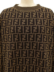 Wool FF Zucca Pattern Long Sleeve Knit Top in Brown/Black
