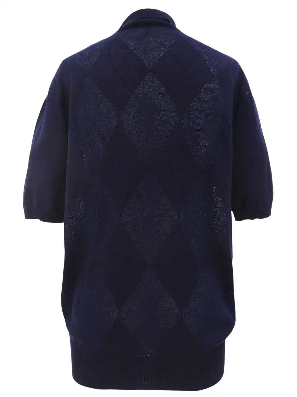 Argyle Pattern Medusa Zip Short Sleeve Knit Top in Navy