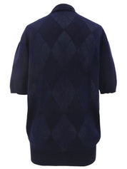 Argyle Pattern Medusa Zip Short Sleeve Knit Top in Navy