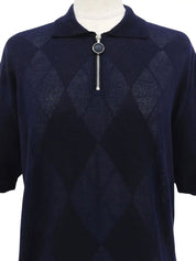 Argyle Pattern Medusa Zip Half Sleeve Knit Top in Navy