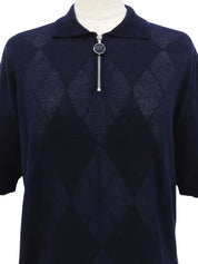 Argyle Pattern Medusa Zip Short Sleeve Knit Top in Navy