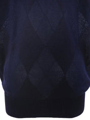 Argyle Pattern Medusa Zip Short Sleeve Knit Top in Navy