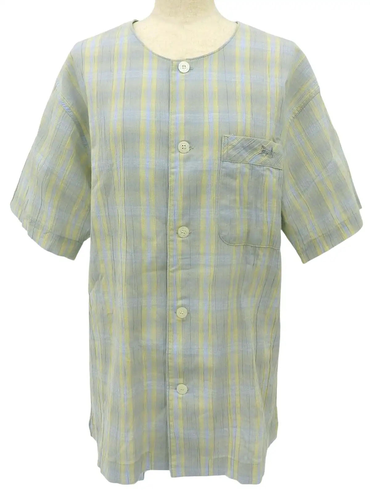 Check Pattern Horse Carriage Embroidered Half Sleeve Top in Light Blue/Light Yellow