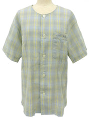 Check Pattern Horse Carriage Embroidered Half Sleeve Top in Light Blue/Light Yellow