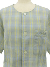 チェックパターンホースキャリッジ刺繍半袖トップス ライトブルー/ライトイエロー