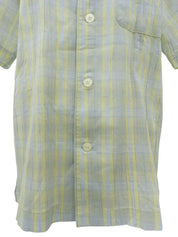 Check Pattern Horse Carriage Embroidered Half Sleeve Top in Light Blue/Light Yellow