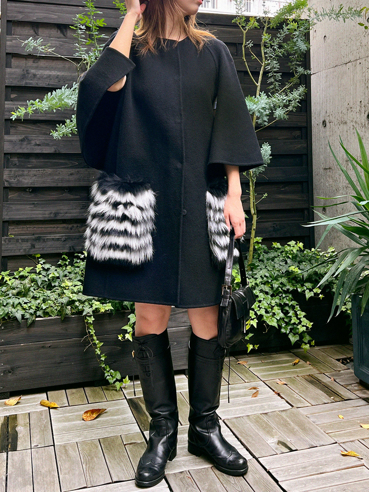 Wool and fox fur combination cape coat in black/white