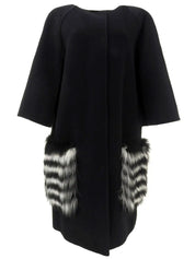 Wool and fox fur combination cape coat in black/white