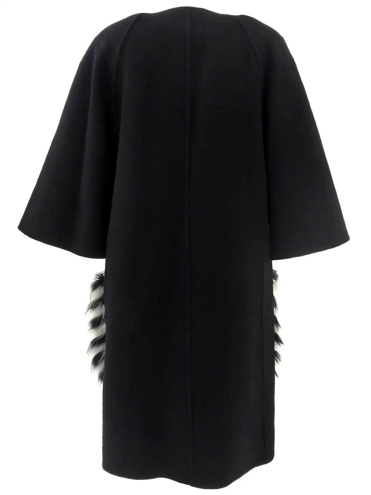 Wool and fox fur combination cape coat in black/white