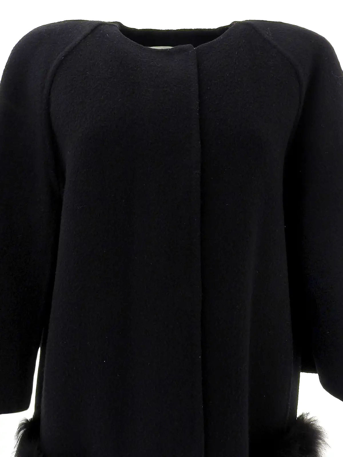 Wool and fox fur combination cape coat in black/white